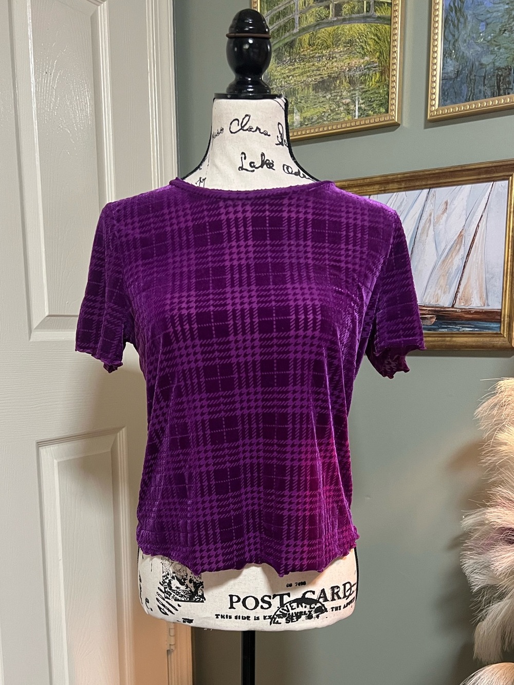 Nine West Purple Plaid Velvet Baby Tee SZ S Y2K Whimsigoth Romantic Goth